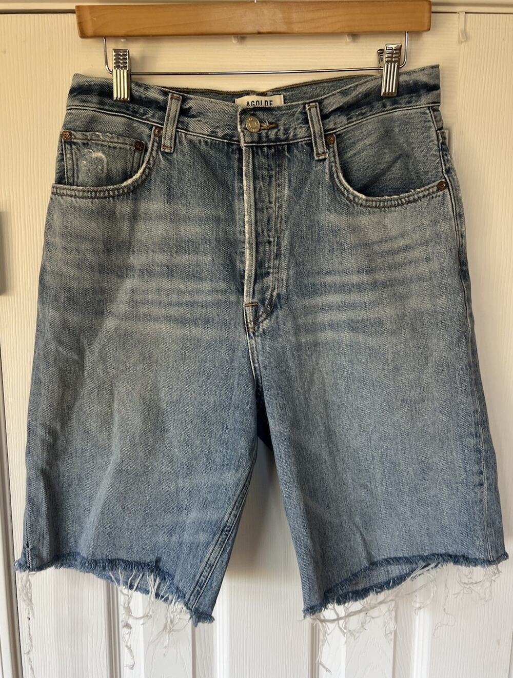 Agolde 90s Pinch Waist High Rise Straight Long Denim Bermuda Style Shorts Sz 28